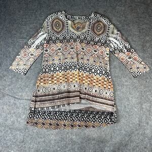 Jess & Jane Tunic Top Womens Small Geometric Aztec Print 3/4 Sleeve Made In USA